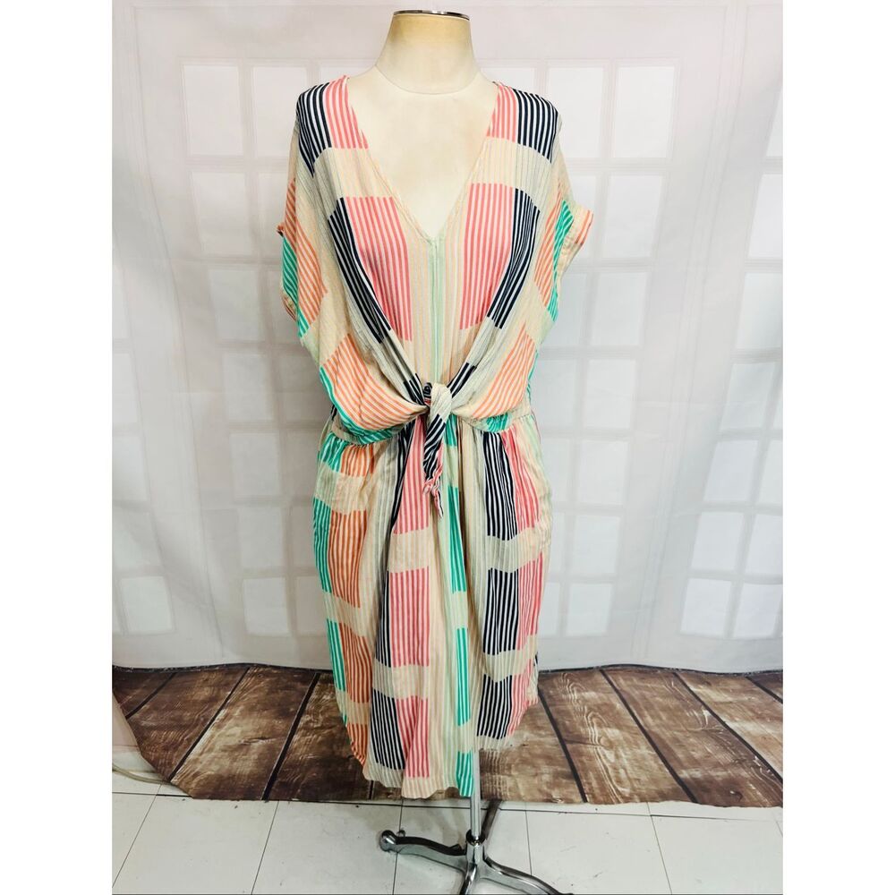 Lou & Grey by Loft Short Sleeve Tie Front Striped V-Neck Mini Dress Size XL